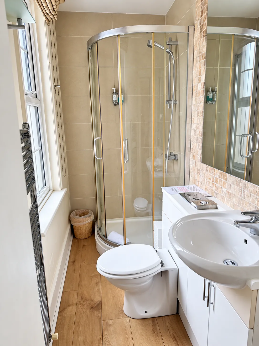 Green Room compact en-suite with shower, toilet and basin